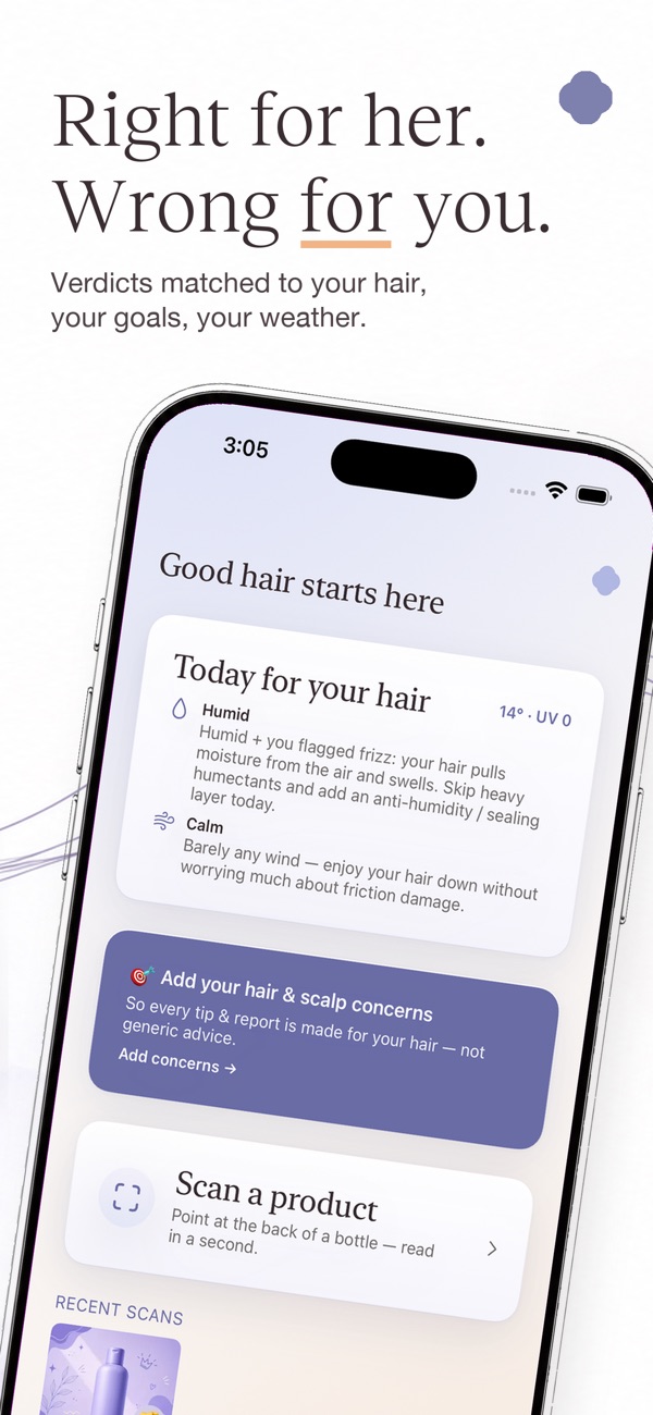 Baely home screen with hair tips for today's weather