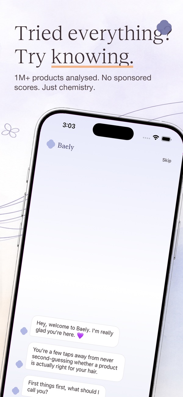 Baely onboarding chat asking about your hair